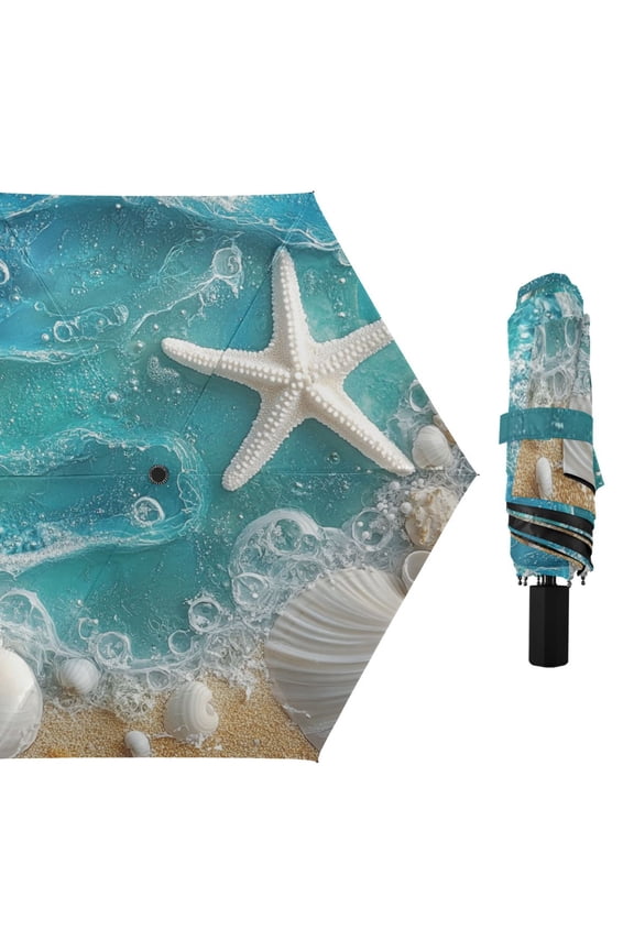 Shells Starfish on Beach Sea Wave All Weather Umbrella Triple Folding Parasol 6 Ribs UV Protection Portable