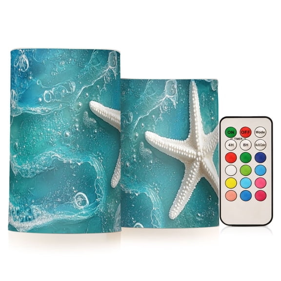 Shells Starfish on Beach Sea Wave Flickering Flameless Candles LED Tealight Battery Operated with Remote Set of 2 Holiday Decor Ornaments