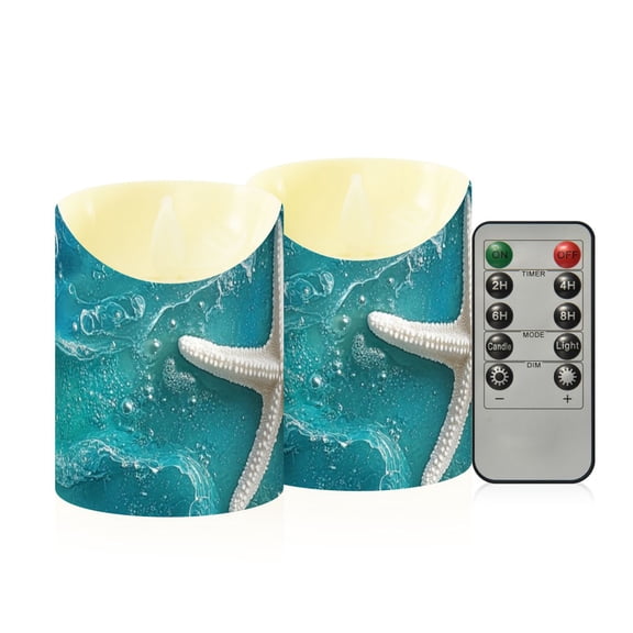 Shells Starfish on Beach Sea Wave Flickering Flameless Candles with Remote Timer Battery Operated LED Tealight Set of 2 M
