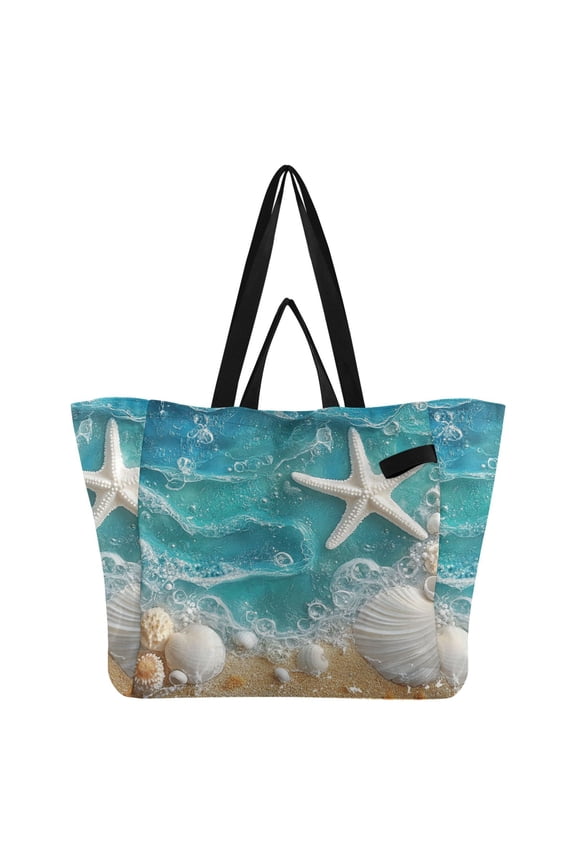 Shells Starfish on Beach Sea Wave Foldable Canvas Tote Bags Reusable Grocery Bags Laundry Bags Beach Bag 32L