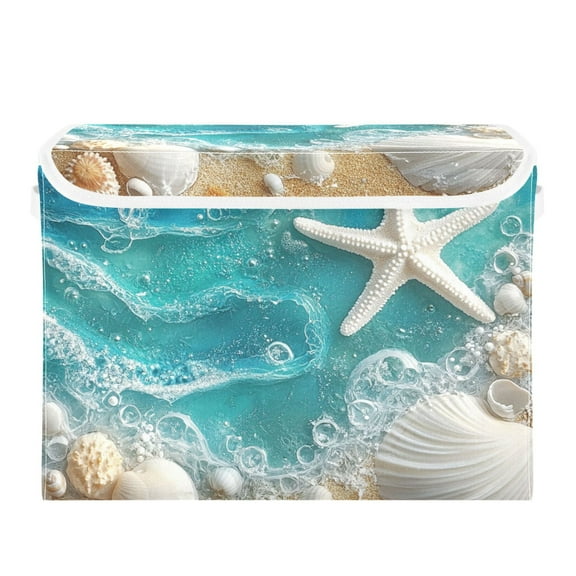 Shells Starfish on Beach Sea Wave Foldable Storage Bin with Lid and Handle Collapsible Storage Box 16.5 x 12.6 x 11.8 inches