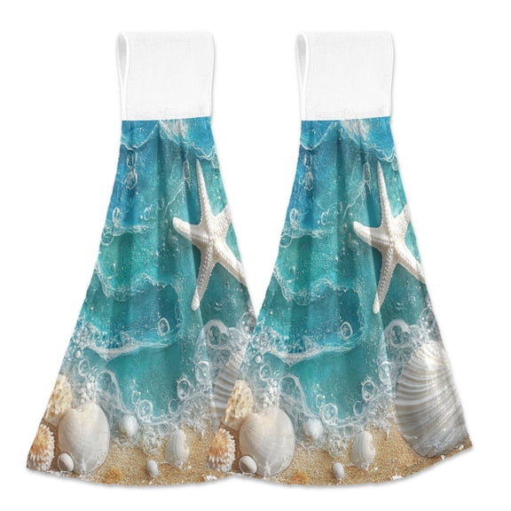 Shells Starfish on Beach Sea Wave Hanging Towels with Loop Hand Towels Nylon Fastener Tape Design Dish Cloths 2 Pieces
