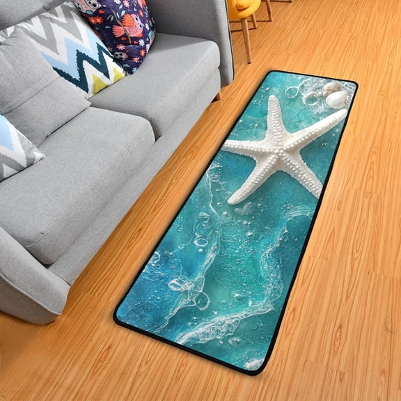 Shells Starfish on Beach Sea Wave Long Floor Mat Runner Rug Area Mat Noise Reduction Water Absorbent Non-Slip 72" x 24"