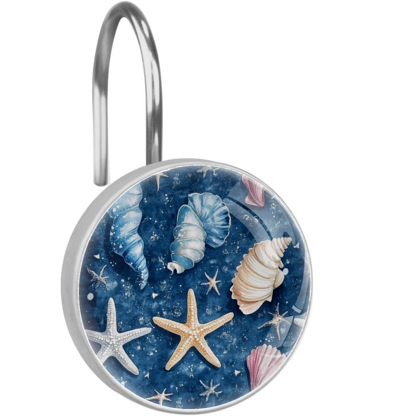 Shells Starfish on Blue Shower Curtain Hooks Round Crystal Glass, Set of 12 Shower Curtain Rings - Shower Hooks for Curtain Shower Rings
