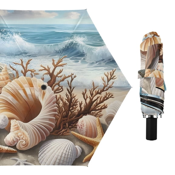Shells Starfishes Corals on Beach All Weather Umbrella Triple Folding Parasol 6 Ribs UV Protection Portable