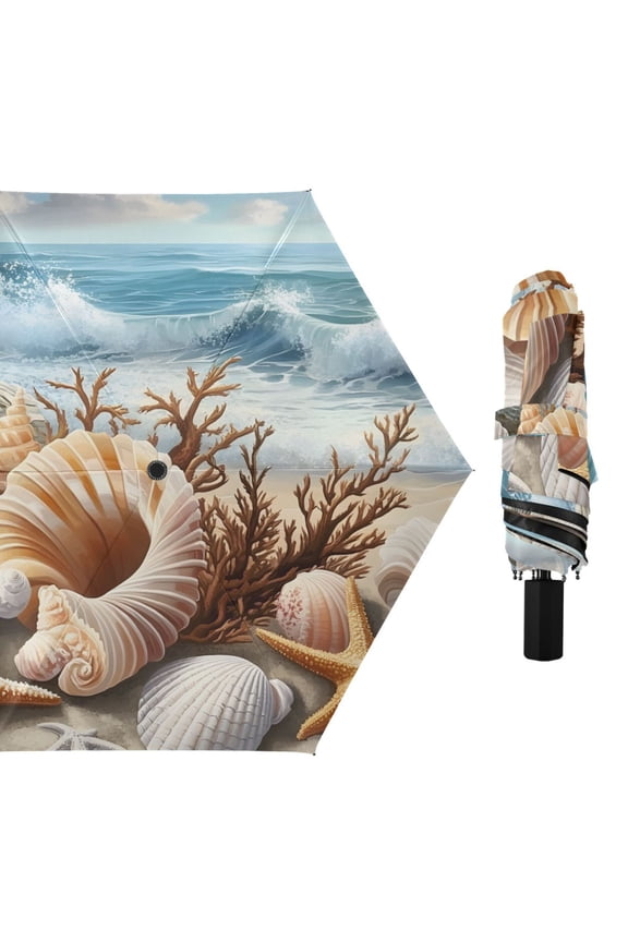 Shells Starfishes Corals on Beach All Weather Umbrella Triple Folding Parasol 6 Ribs UV Protection Portable