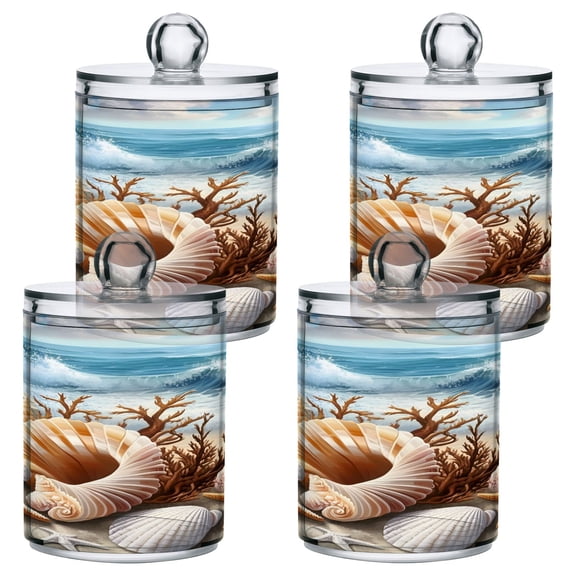 Shells Starfishes Corals on Beach Translucent Plastic Cans Storage Canisters with Lid Set of 4