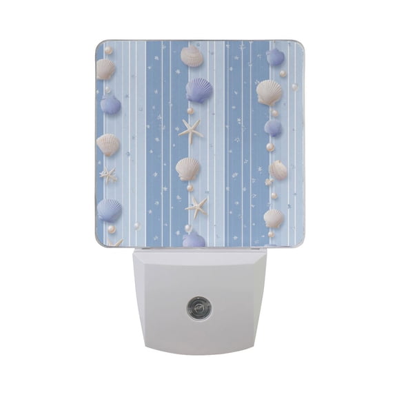 Shells Starfishes Pearls Blue Stripes LED Night Light Sensor Lamp Plug-in Adjustable Brightness 2 Pack