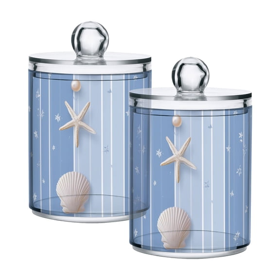 Shells Starfishes Pearls Blue Stripes Translucent Plastic Cans Storage Canisters with Lid Set of 2