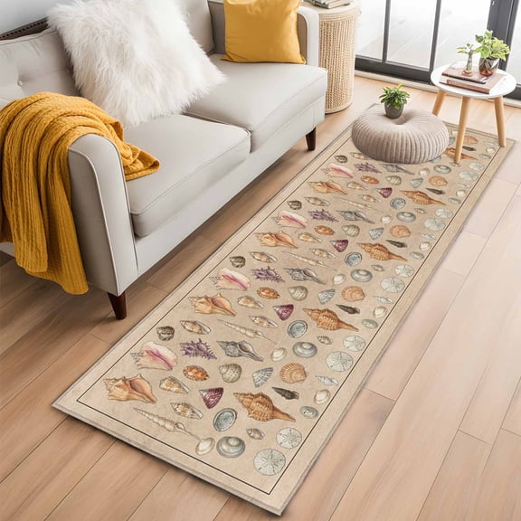 Shells Washable Runner Rugs 2'x6', Retro Ocean Colorful Shell Conch Linen Texture Low Pile Throw Entryway Rug Non-Slip Sturdy Edge Binding Carpet for Indoor Bedside Entrance Bedside
