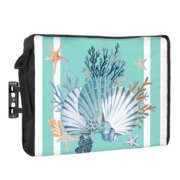 Shells Waterproof Outdoor TV Cover, Retro Watercolor Shell Coral Starfish Teal Green Stripes Outside Weatherproof TV Enclosures for 30 to 32 Inch LCD Television Shield Flat Screen Protectors