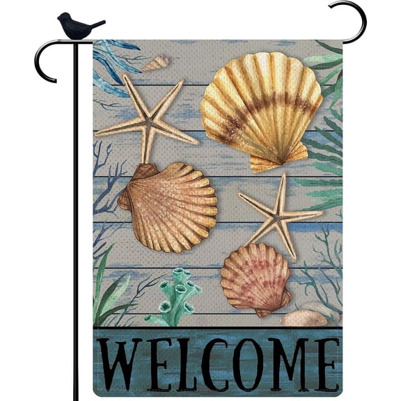 Shells Welcome Summer Nautical Small Garden Flag Double Sided 12.5x18 Coastal House Yard Outside Decor Spring Summer Beach Tropical Outdoor Decoration
