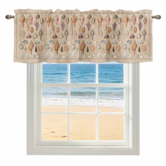Shells Window Valance for Kitchen, Retro Ocean Colorful Shell Conch Linen Texture Rod Pocket Short Curtain for Small Windows, Light Filtering Decorative Valance, 54 x 18 Inch