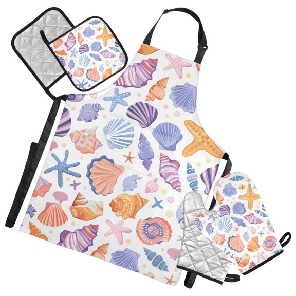 Shells and Starfish 5 Pcs Kitchen Set Heat Resistant Oven Mitts and Non-Slip Pot Holders with Adjustable Cooking Apron