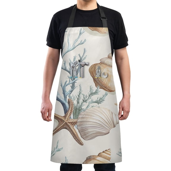 Shells and Starfish on Light Background Chef Kitchen Apron with Pockets for Women Waterproof Aprons for Cooking Baking
