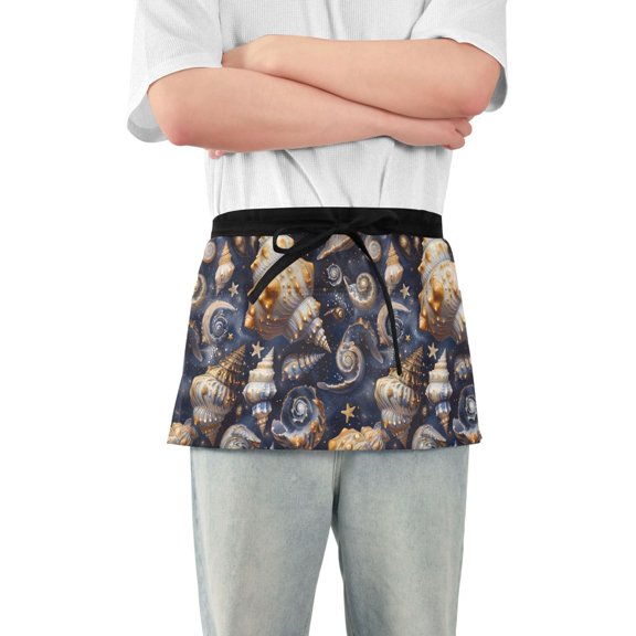 Shells and Starry Server Apron with 3 Pockets Waterproof Waitress Waist Short Apron for Man Woman 12 Inches