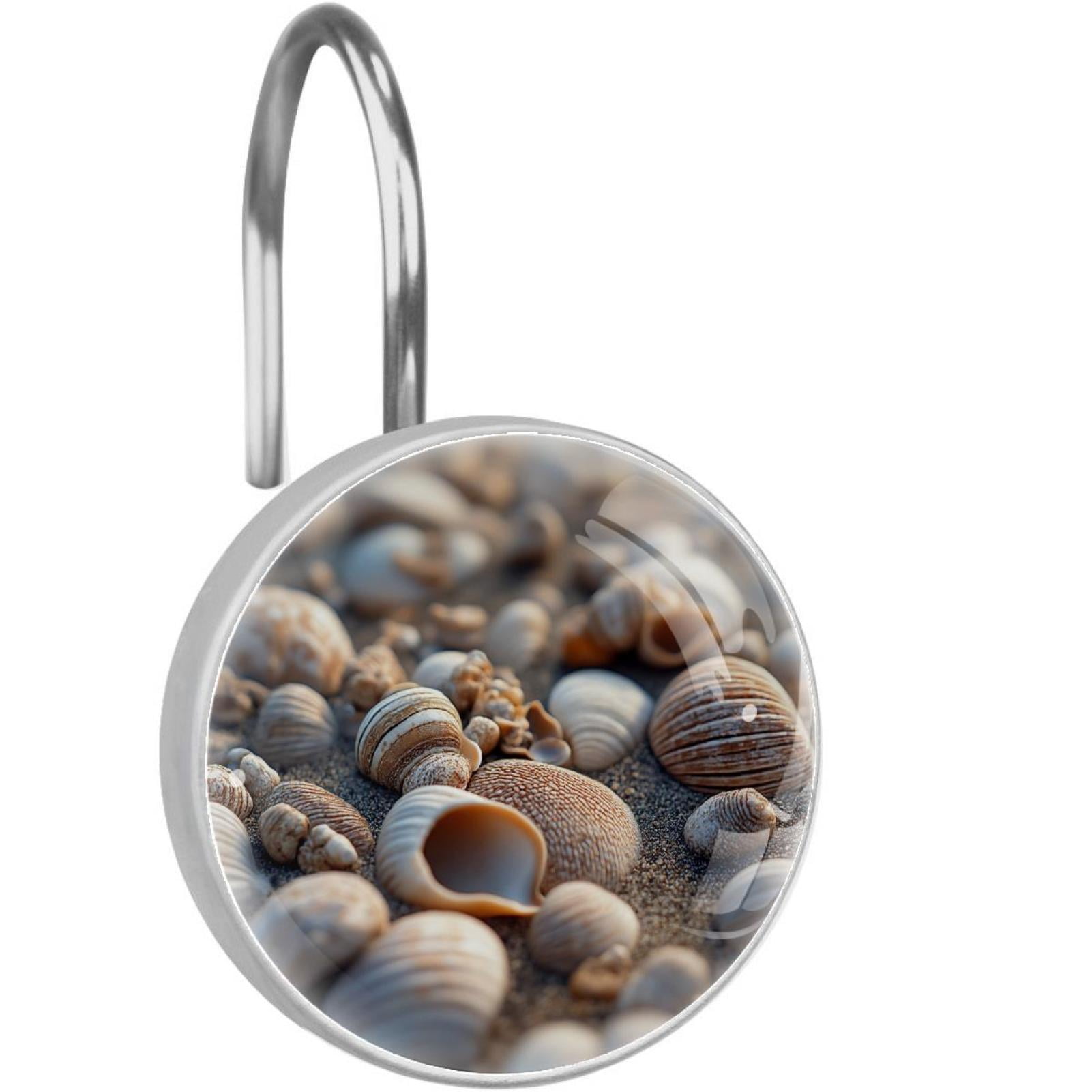 Shells on Beach Sand Shower Curtain Hooks Round Crystal Glass, Set of 12 Shower Curtain Rings - Shower Hooks for Curtain Shower Rings