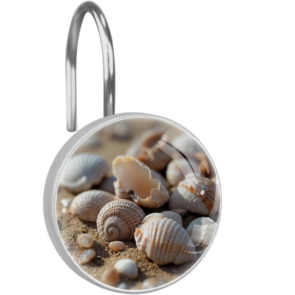 Shells on Beach Sand Shower Curtain Hooks Round Crystal Glass, Set of 12 Shower Curtain Rings - Shower Hooks for Curtain Shower Rings