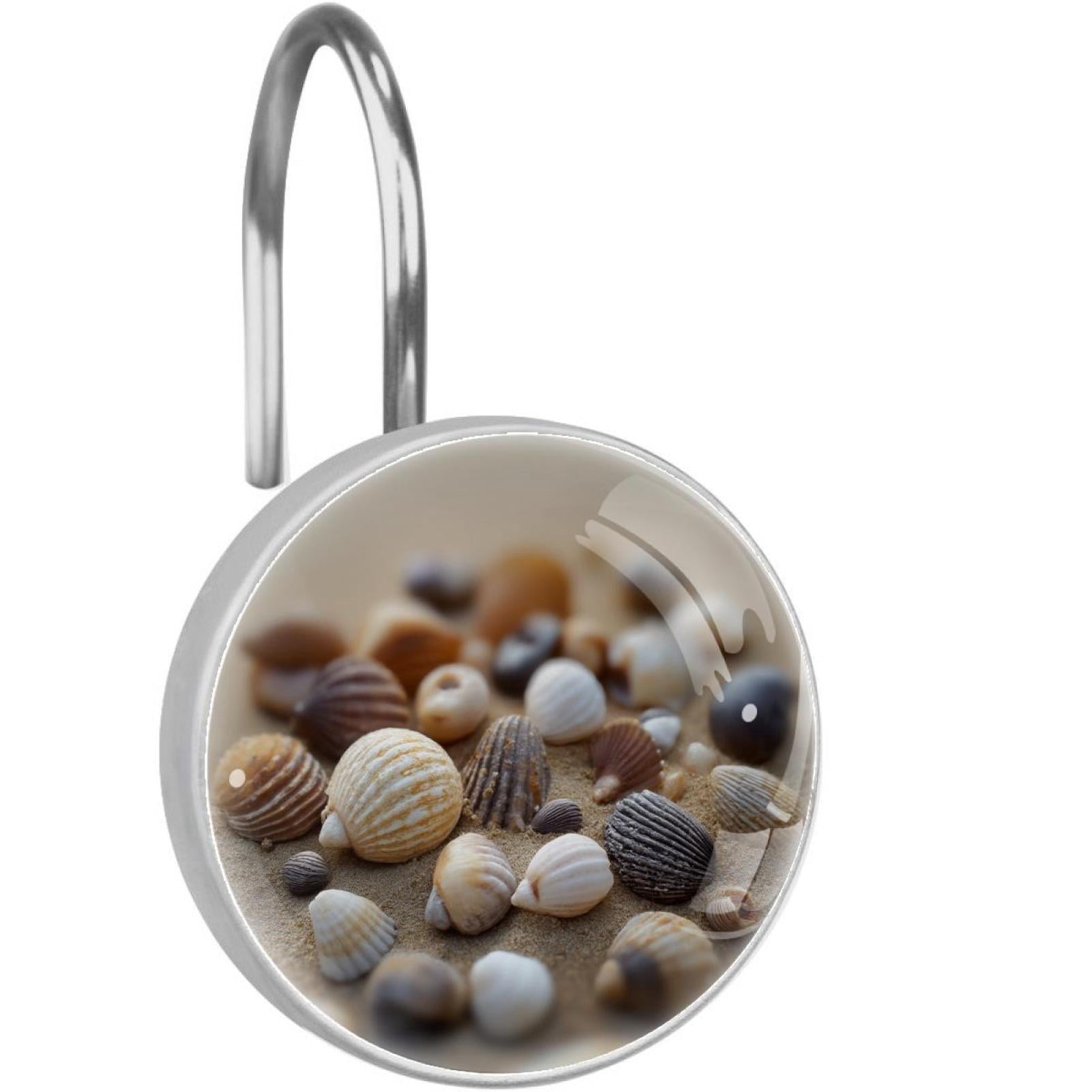 Shells on Beach Shower Curtain Hooks Round Crystal Glass, Set of 12 Shower Curtain Rings - Shower Hooks for Curtain Shower Rings