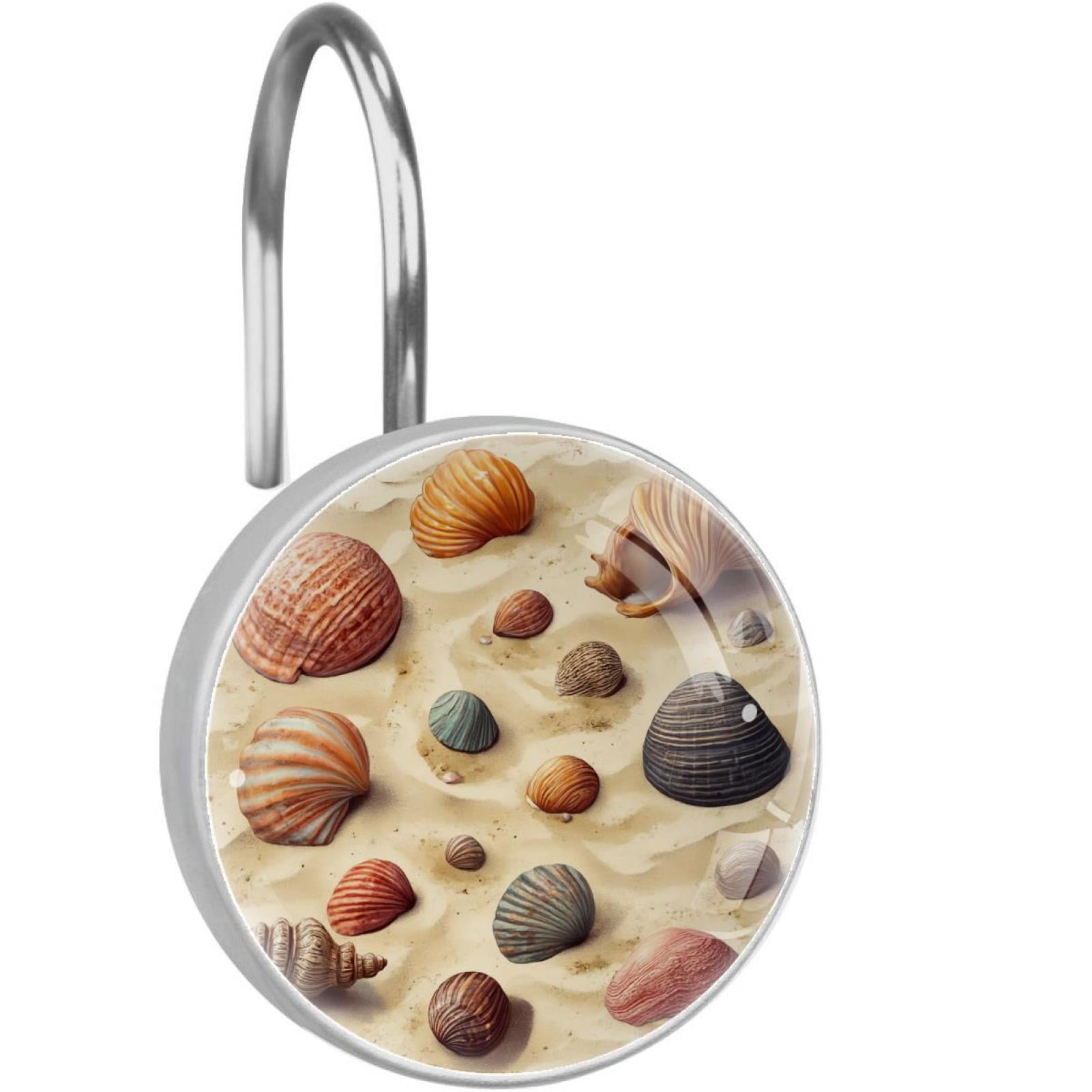 Shells on Wet Beach Sand Shower Curtain Hooks Round Crystal Glass, Set of 12 Shower Curtain Rings - Shower Hooks for Curtain Shower Rings