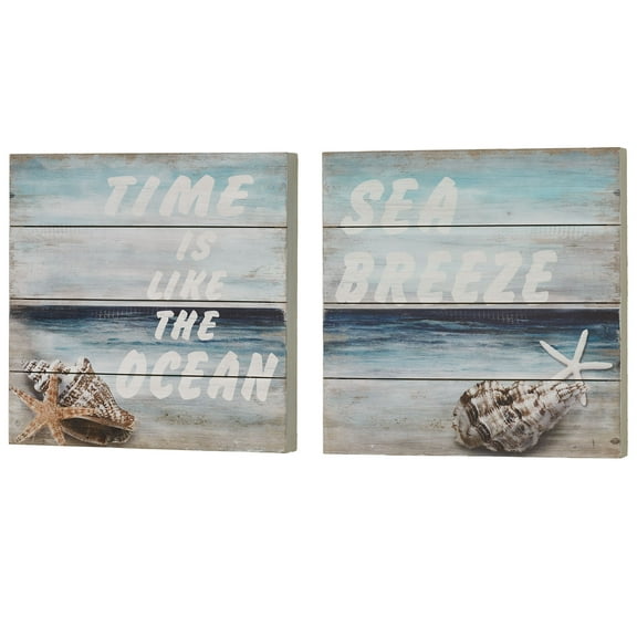 Shells on the Shore Coastal Wooden Wall Art Plaques Set Blue White Brown 16 in sq Set of 2