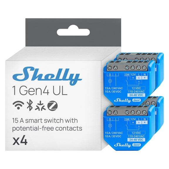 Shelly 1 Gen4 UL- Wi-Fi, Zigbee & Matter Smart Relay Switch with Dry Contacts, 1-Channel 16A, Home Automation, Alexa, SmartThings, Google Home, Apple HomeKit Compatible, Garage Door Opener- 4 pack)