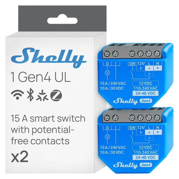 Shelly 1 Gen4 UL, Wi-Fi, Zigbee & Matter Smart Relay Switch with Dry Contacts, 1-Channel 16A , Home Automation Alexa, SmartThings, Google Home, Garage Door Opener- 2 pack