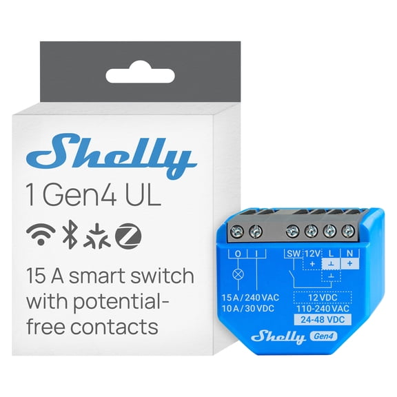 Shelly 1 Gen4 UL, Wi-Fi, Zigbee & Matter Smart Relay Switch with Dry Contacts, 1-Channel 16A , Home Automation Alexa, SmartThings, Google Home, Garage Door Opener