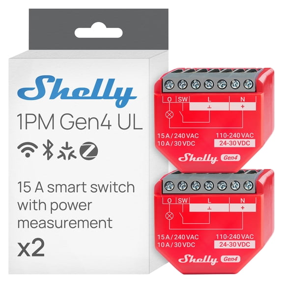 Shelly 1PM Gen4 UL, Wi-Fi, Zigbee, Matter Smart Relay Switch with Power Metering, 1-Channel 16A, Home Automation, Alexa, SmartThings, Google Home, Apple HomeKit Compatible, iOS Android App- 2 pack
