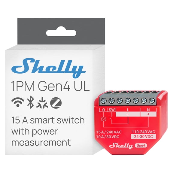 Shelly 1PM Gen4 UL, Wi-Fi, Zigbee, Matter Smart Relay Switch with Power Metering, 1-Channel 16A, Home Automation, Alexa, SmartThings, Google Home, Apple HomeKit Compatible, iOS Android App, No Hub