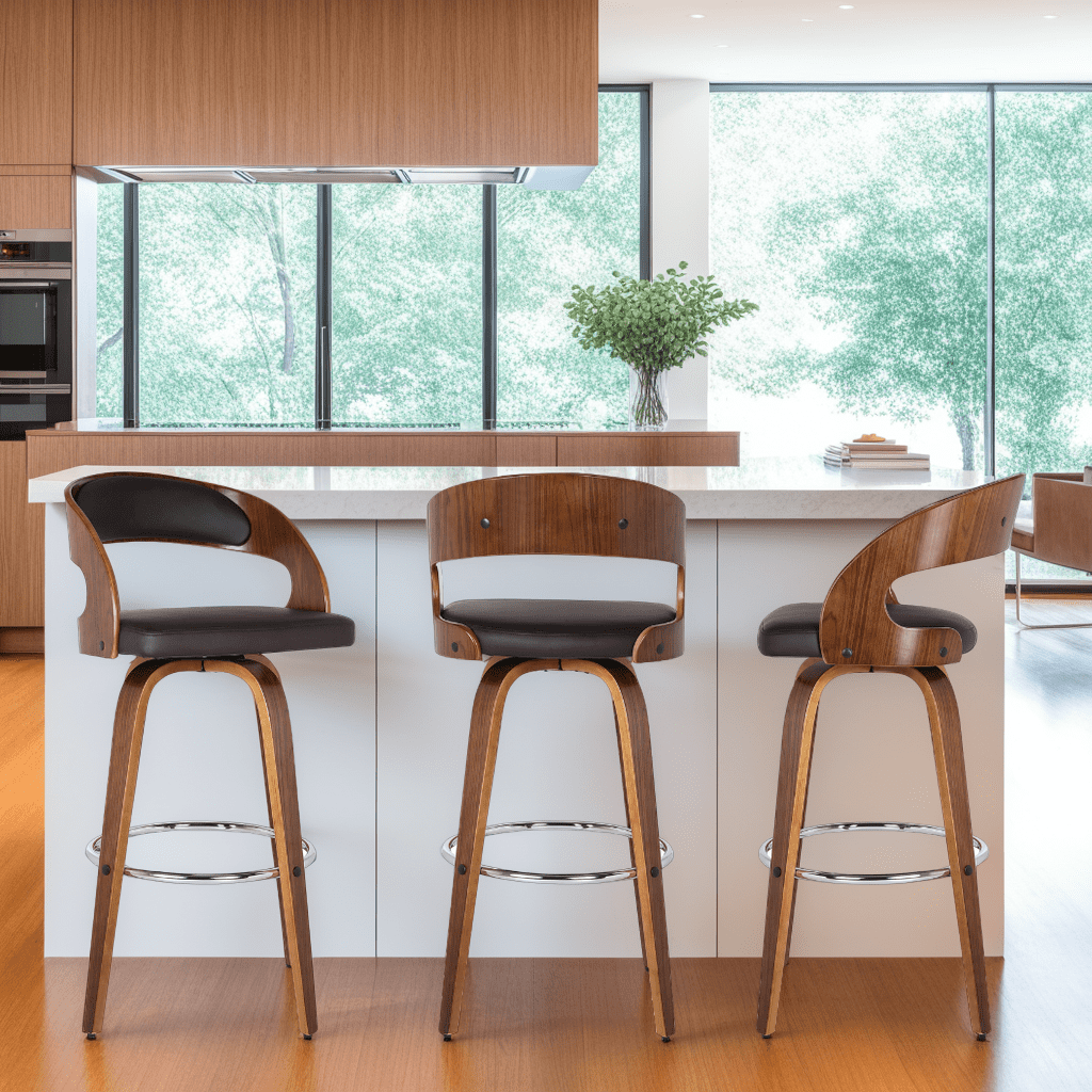 Shelly 26" Counter Height Swivel Brown Faux Leather and Walnut Wood Bar Stool - Set of 3