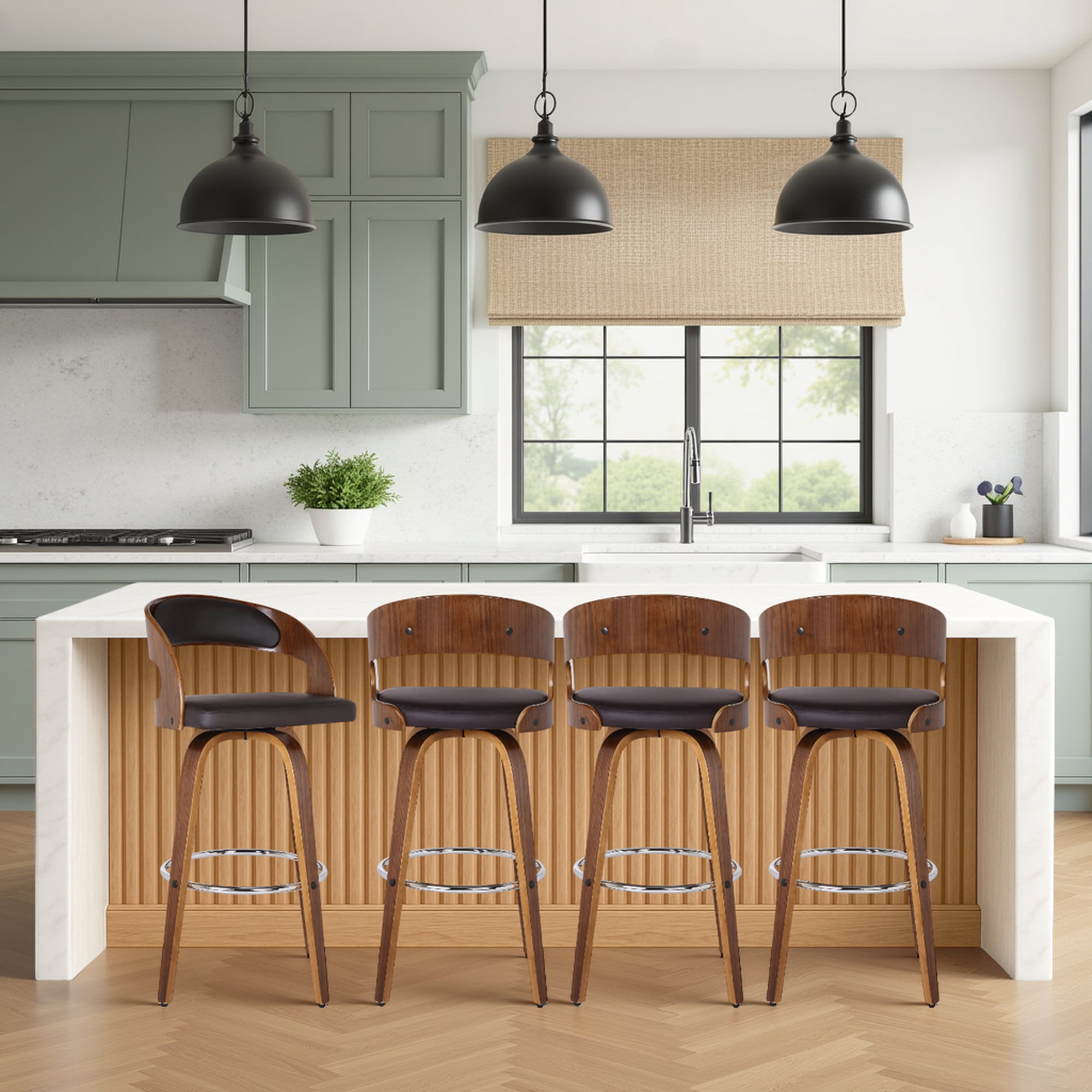 Shelly 26" Counter Height Swivel Brown Faux Leather and Walnut Wood Bar Stool - Set of 4
