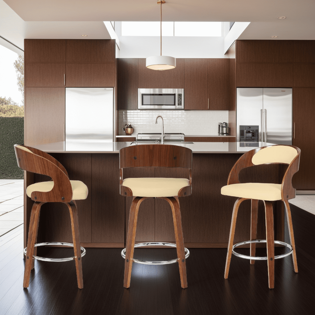 Shelly 26" Counter Height Swivel Cream Faux Leather and Walnut Wood Bar Stool - Set of 3
