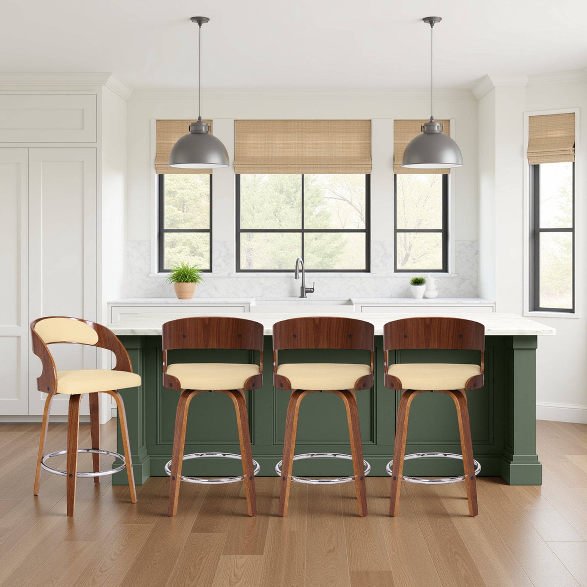 Shelly 26" Counter Height Swivel Cream Faux Leather and Walnut Wood Bar Stool - Set of 4