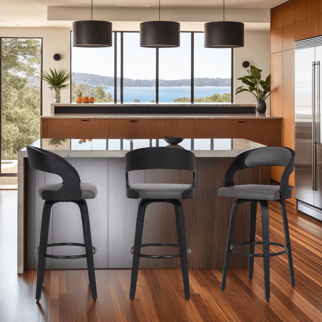 Shelly 26" Counter Height Swivel Gray Faux Leather and Black Wood Bar Stool - Set of 3