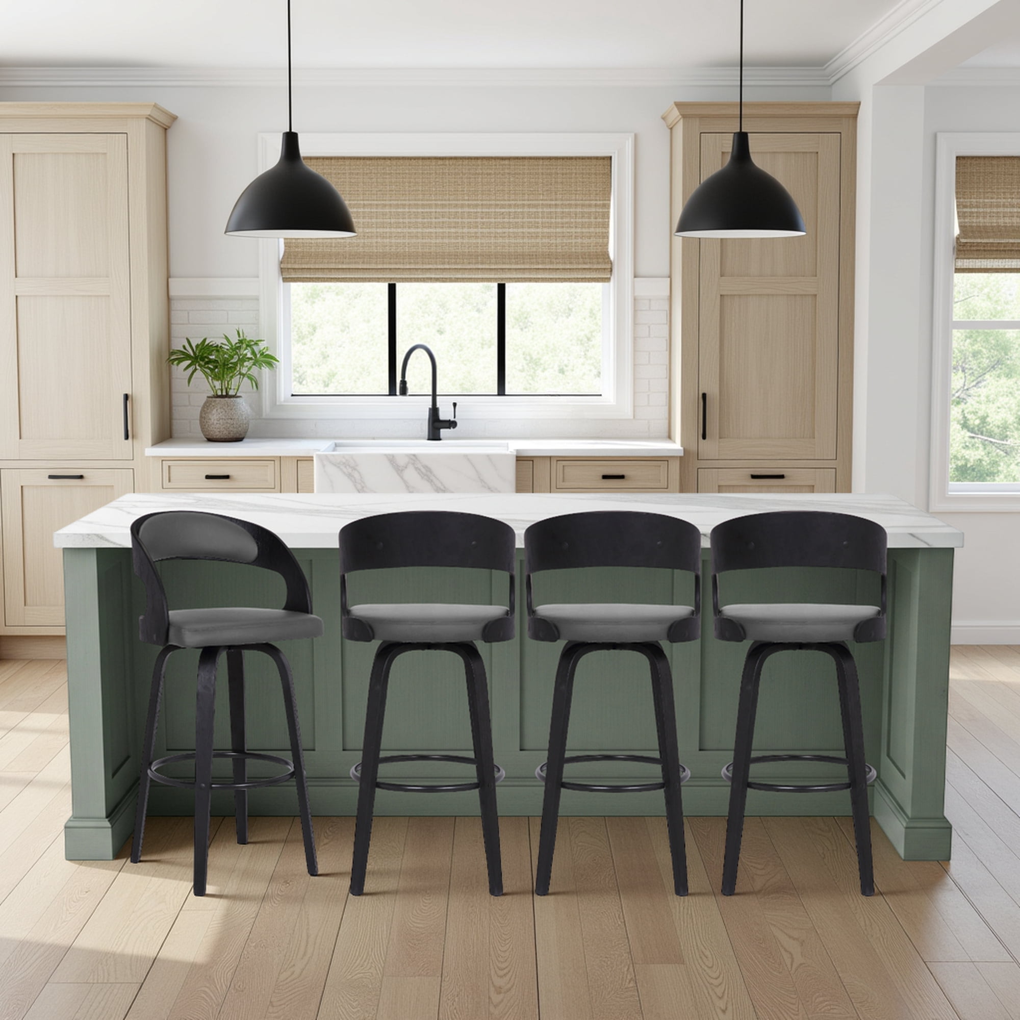 Shelly 26" Counter Height Swivel Gray Faux Leather and Black Wood Bar Stool - Set of 4