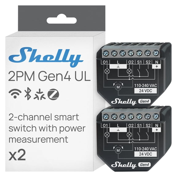 Shelly 2PM Gen4 UL, Wi-Fi, Zigbee & Matter 2-Channel Smart Relay Switch with Power Metering, Home Automation, Alexa, SmartThings, Google Home, Apple HomeKit, Roller Shutters Control- 2 pack
