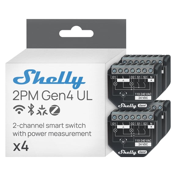 Shelly 2PM Gen4 UL, Wi-Fi, Zigbee & Matter 2-Channel Smart Relay Switch with Power Metering, Home Automation, Alexa, SmartThings, Google Home, Apple HomeKit, Roller Shutters Control- 4 pack