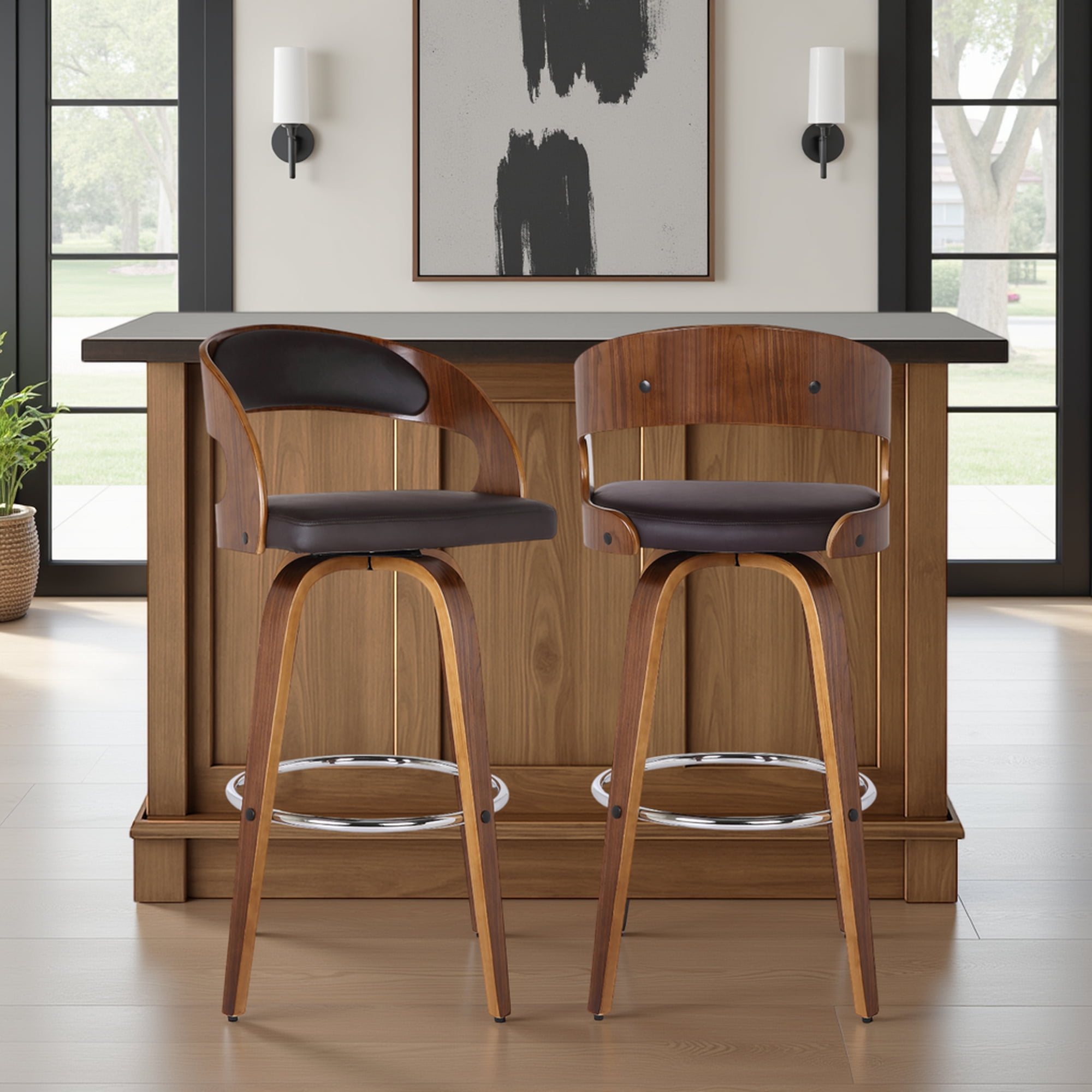 Shelly 30" Bar Height Swivel Brown Faux Leather and Walnut Wood Bar Stool - Set of 2