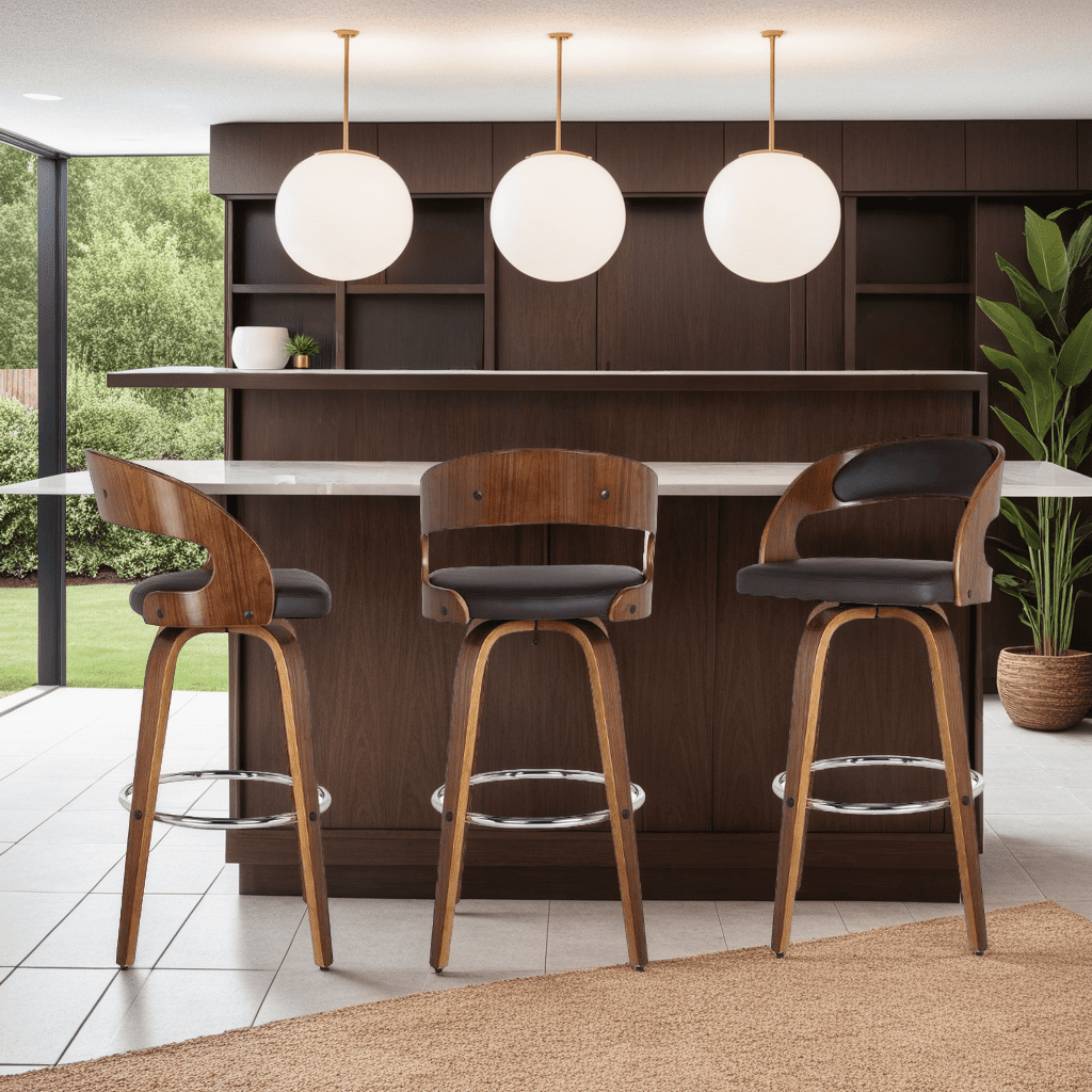 Shelly 30" Bar Height Swivel Brown Faux Leather and Walnut Wood Bar Stool - Set of 3