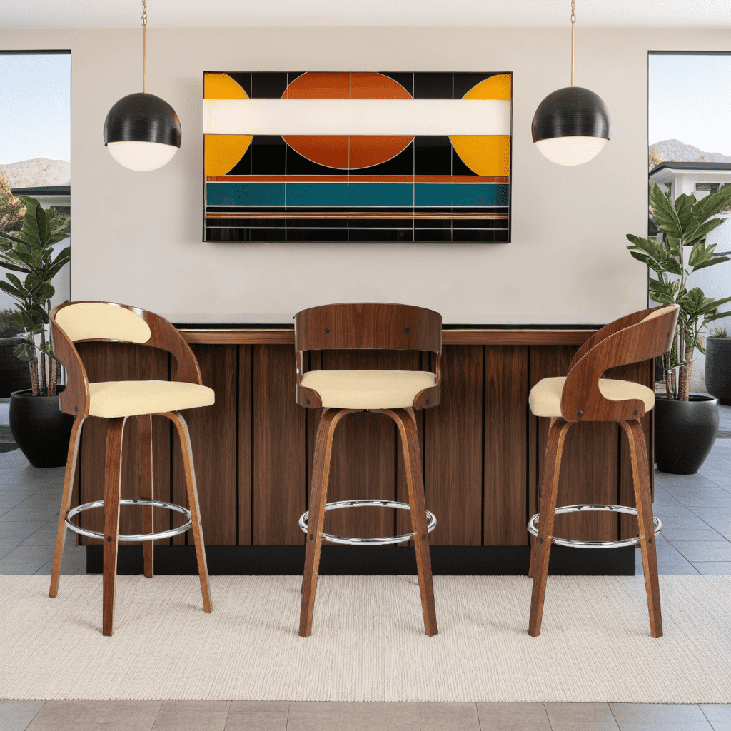 Shelly 30" Bar Height Swivel Cream Faux Leather and Walnut Wood Bar Stool - Set of 3