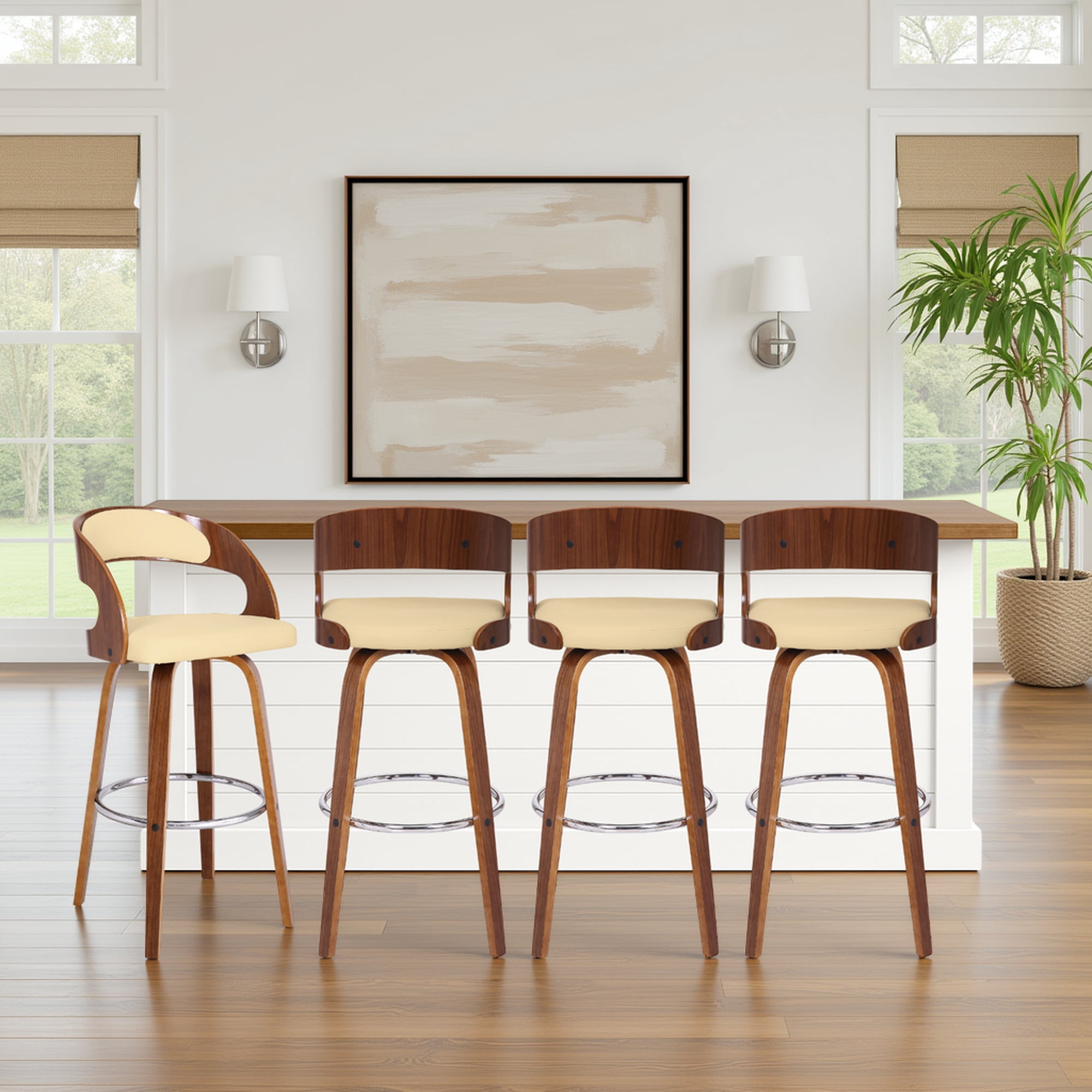 Shelly 30" Bar Height Swivel Cream Faux Leather and Walnut Wood Bar Stool - Set of 4