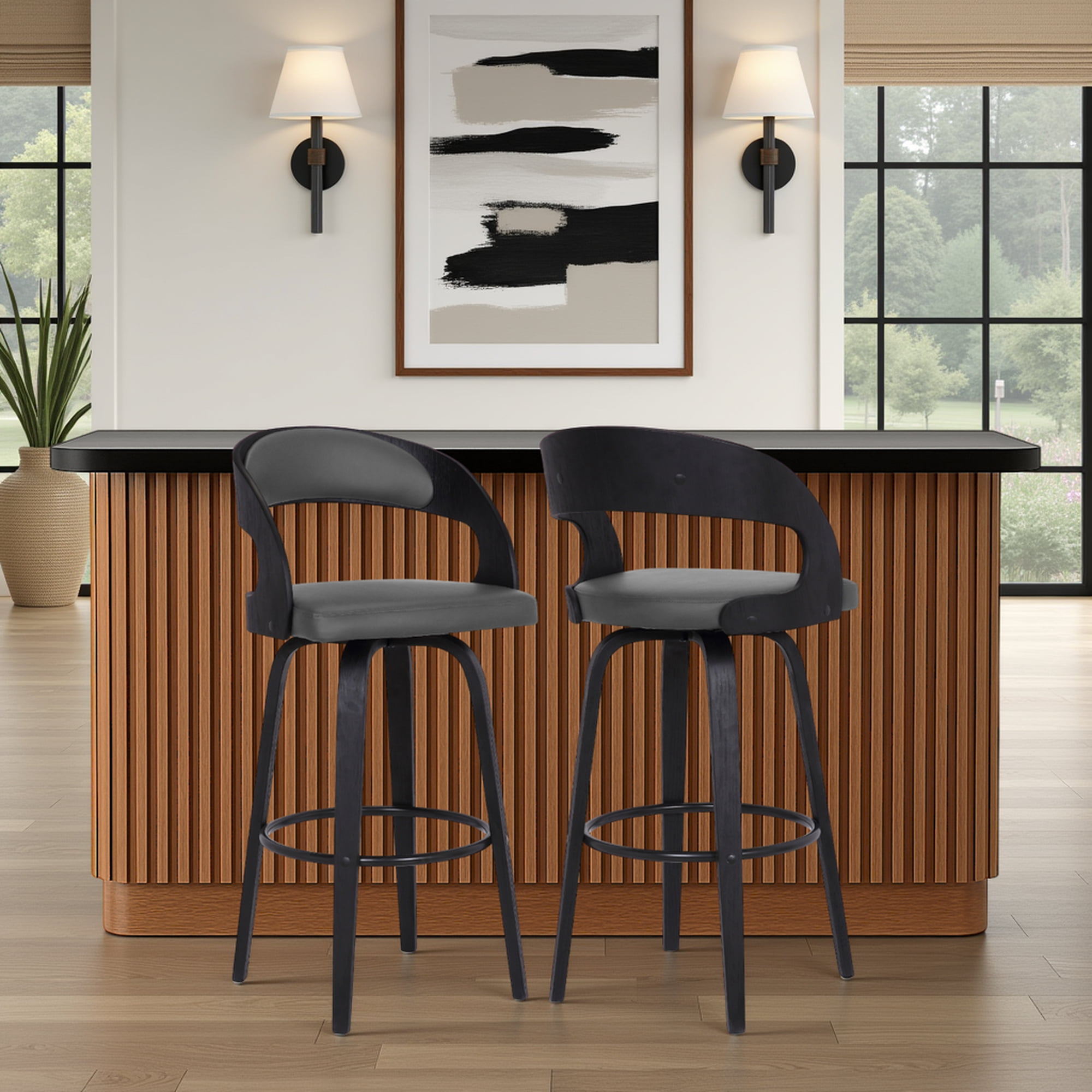 Shelly 30" Bar Height Swivel Gray Faux Leather and Black Wood Bar Stool - Set of 2
