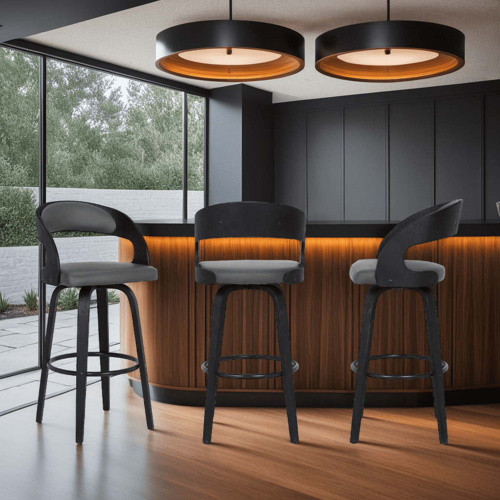 Shelly 30" Bar Height Swivel Gray Faux Leather and Black Wood Bar Stool - Set of 3