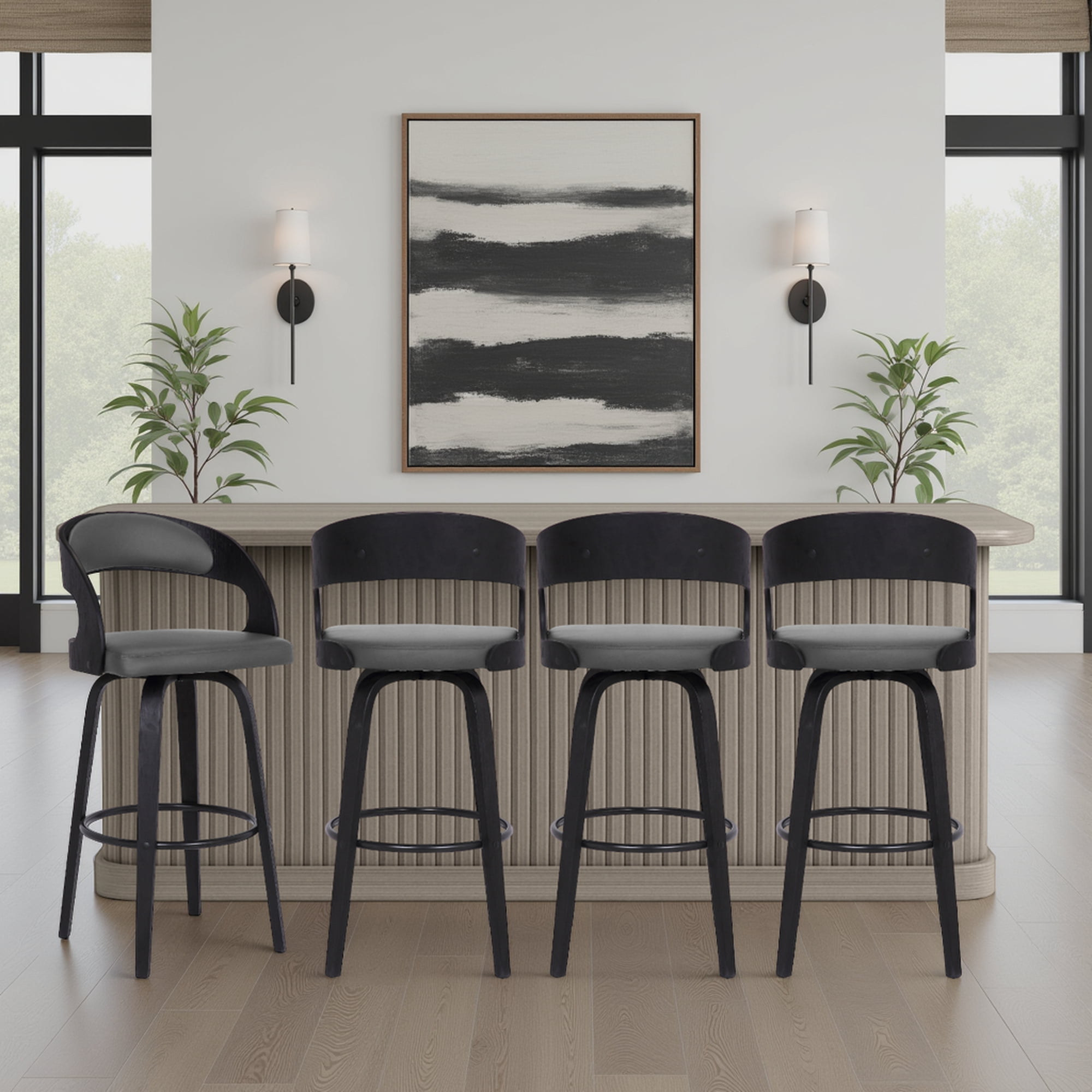 Shelly 30" Bar Height Swivel Gray Faux Leather and Black Wood Bar Stool - Set of 4
