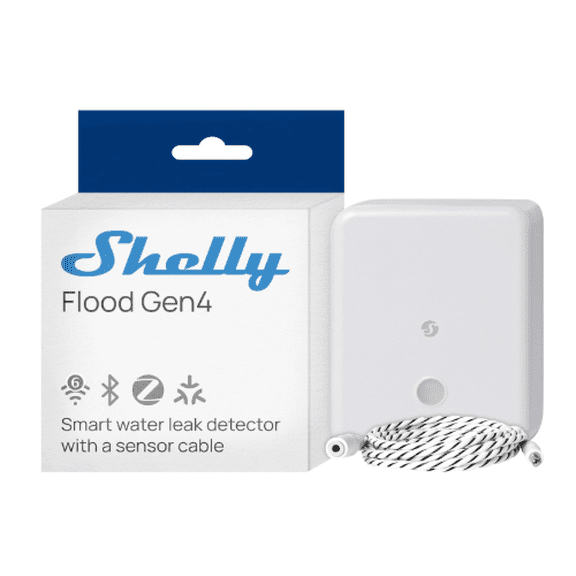 Shelly Flood Gen4 Wi-Fi, Zigbee & Matter Smart Flood Sensor with Bluetooth, Leak Detection Cable, Alexa, Google Home, Apple HomeKit
