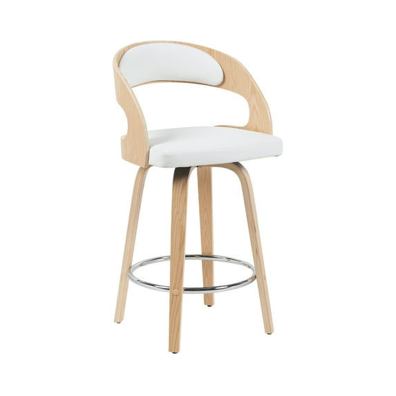 Shelly Modern Counter Height Swivel Bar Stool in Patterned Oak Finish with White Faux Leather Upholstered Seat