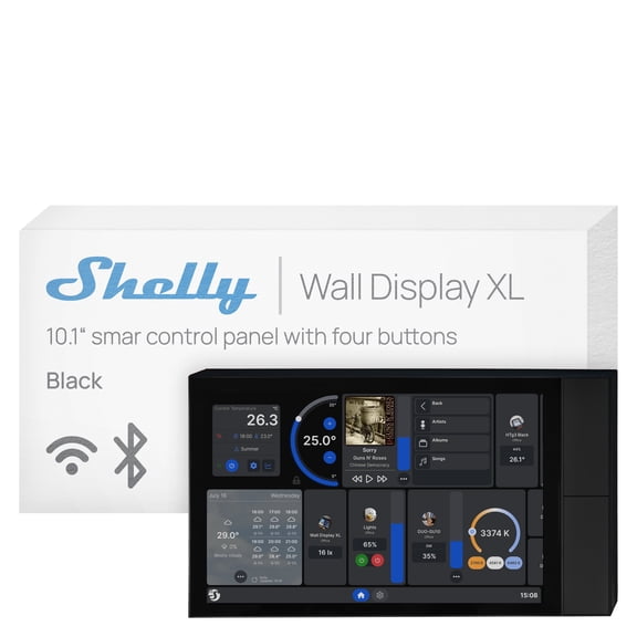Shelly Wall Display XL Black 10.1" In-Wall Smart Home Control Panel, HD Touchscreen, Wi-Fi 6 Dual Band, Bluetooth 5.4, 5A Relay, 4 Custom Buttons, Speakers, Proximity & Lux Sensors