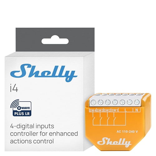 Shelly Wave i4 US LR Z-Wave Long Range 4 Digital Input Control for Advanced Control Home Automation High Compatibility Easy Installation Shelly Smart Control iOS Android App Multi-Click