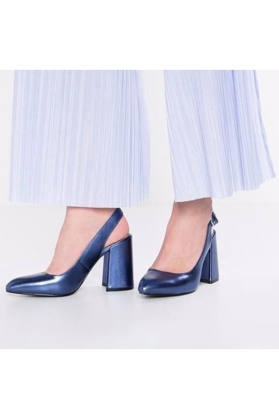 Chester Blue Leather Sling-Back Single Sole Retro Dress Pumps (Blue, 10)